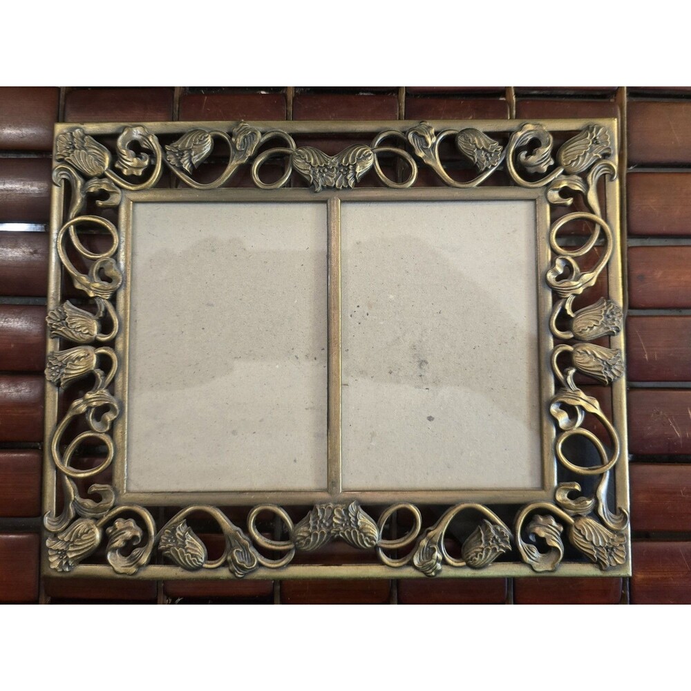 Vintage Art Nouveau Style Bronzetone Floral Dual Portrait Frame - Picture 2 of 3